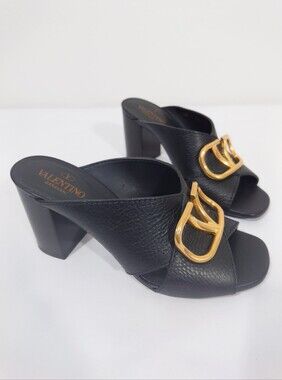Valentino Garavani VLogo Leather Mule Sandals Black Gold Size 35.5 Made in Italy